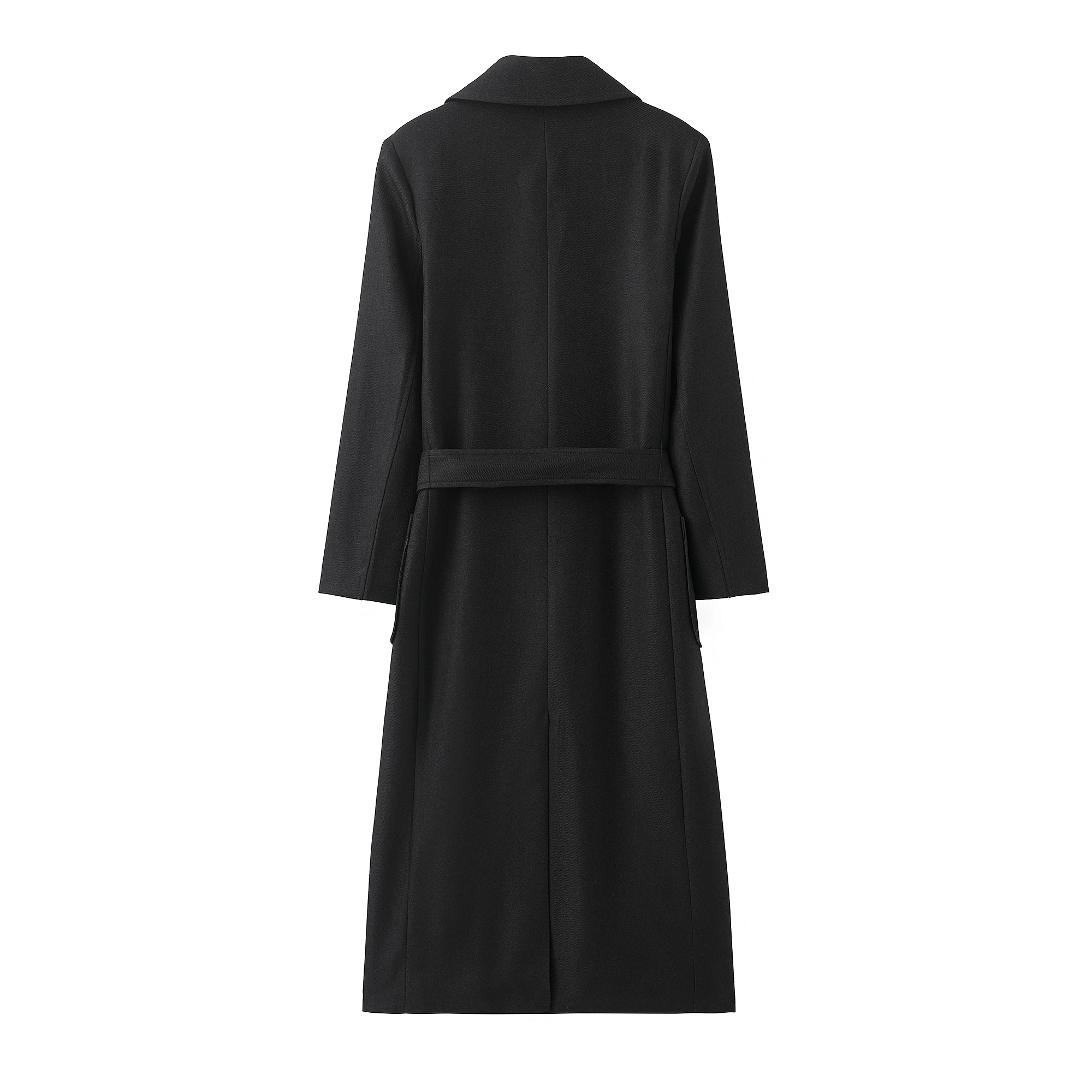 DUOPERI Fashion Wanita dengan Saku Sabuk Jaket Trench Hitam Kasual Kerah Lapel Lengan Panjang Wanita Elegan Chic Pakaian Wanita