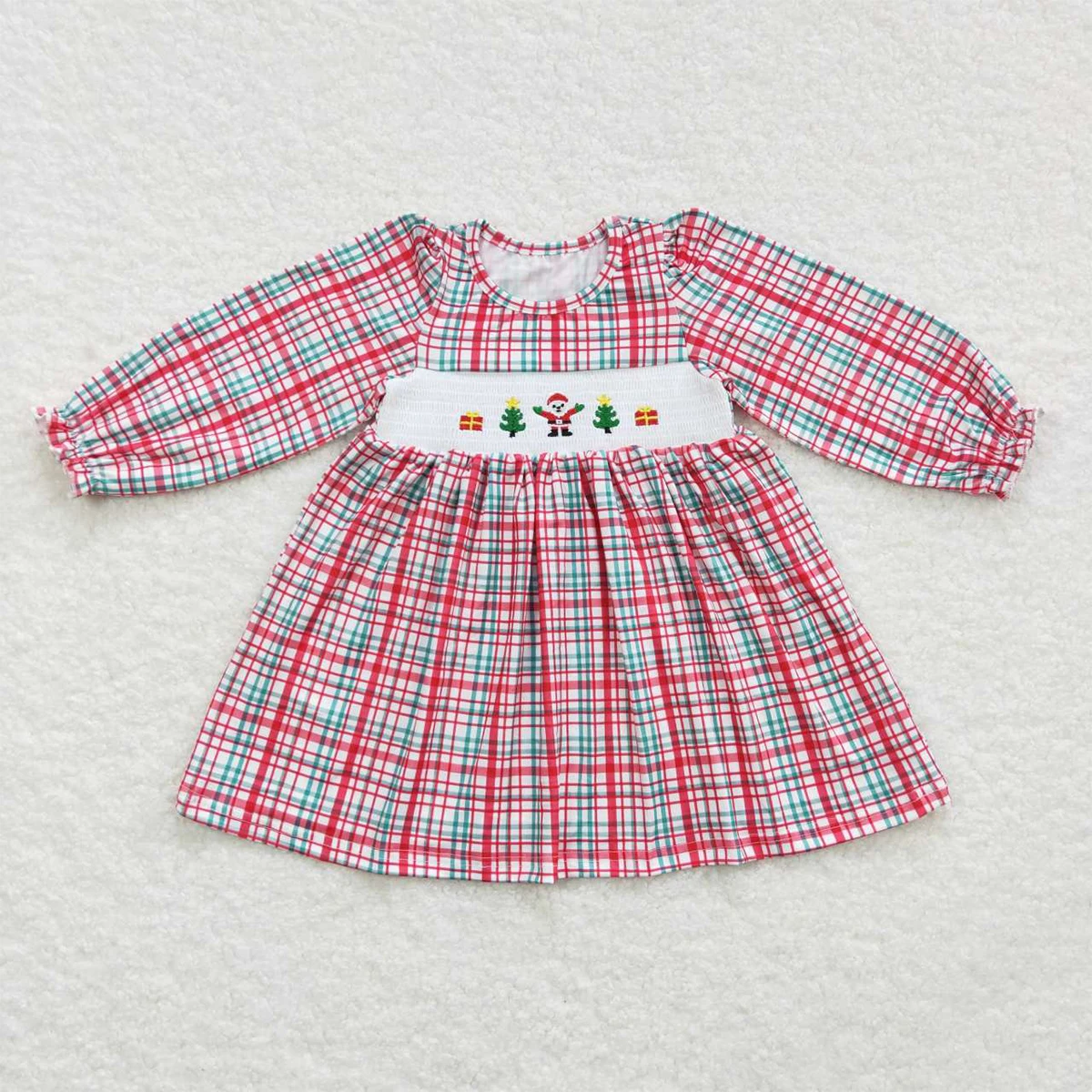 

RTS Baby Christmas Clothing Kids Embroidered Santa Dress Girls Long Sleeve Twirl Boutique Dress