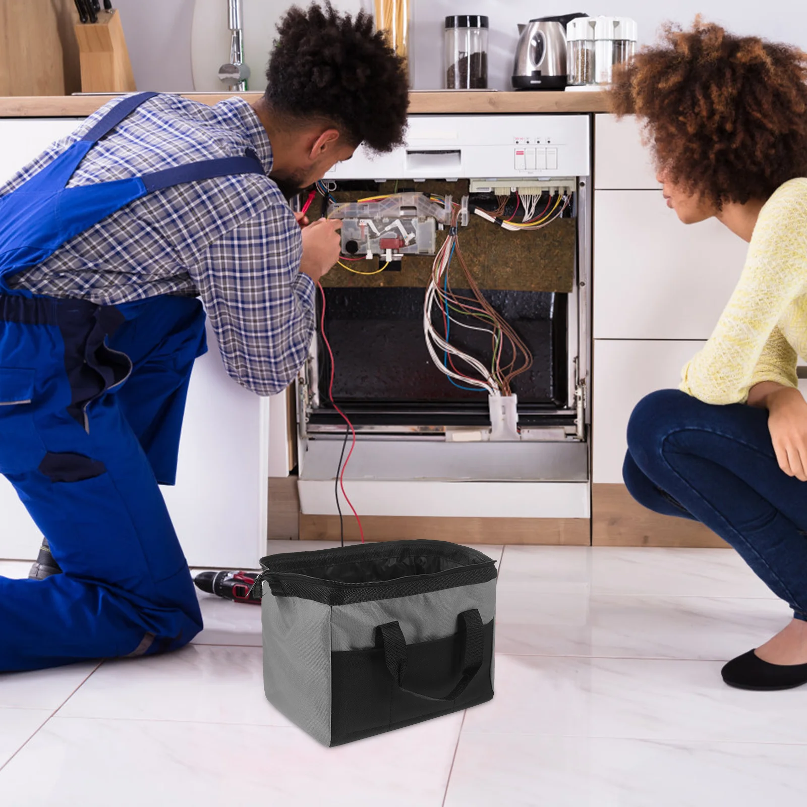 

12 Inch Gray Tool Bag Heavy Duty Tool Storage Bag for Men Electricians Technician Tote Pouch Portable Workshop Organizer Case