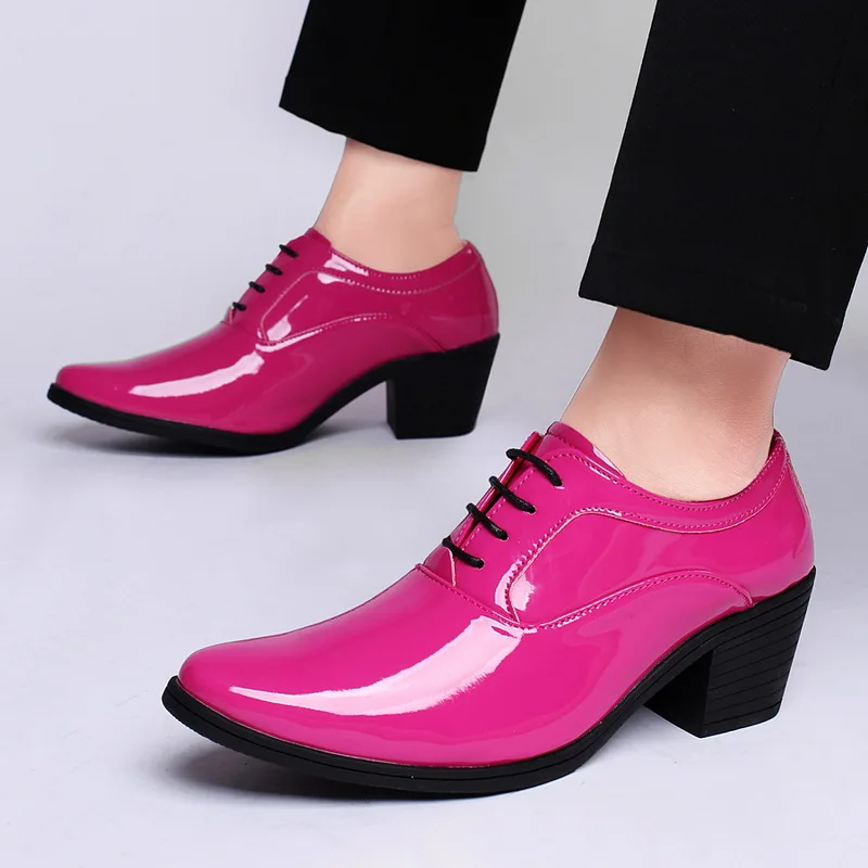 New Dress Leather Shoes Men High Heel Pointed Toe Brogue Wedding Shoes Height Increase Formal Career Work Jazz Dance Shoes