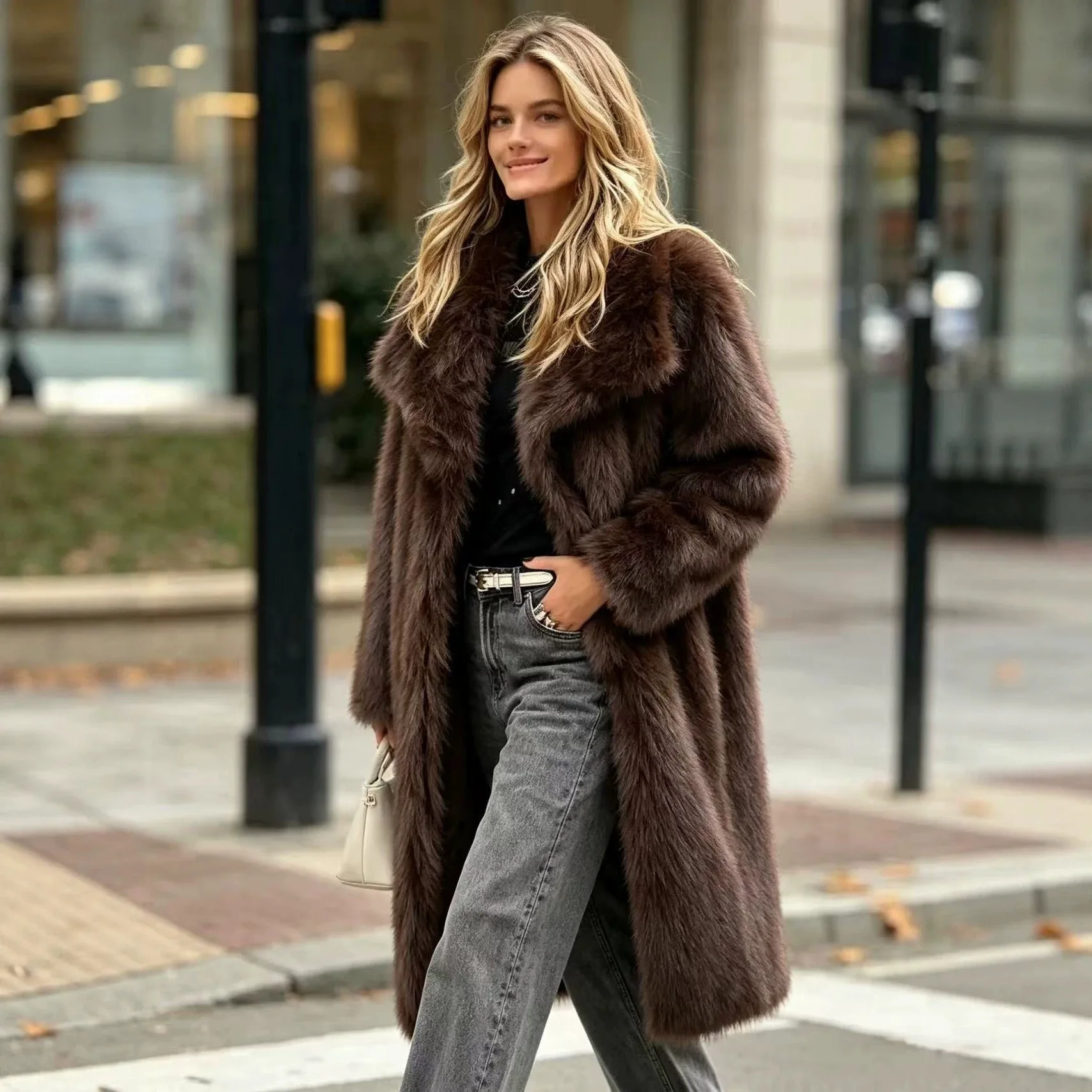 2026 Autumn Winter Women Faux Fur Long Coat Lapel Collar Fluffy Overcoat Open Front Luxury Winter Outerwear