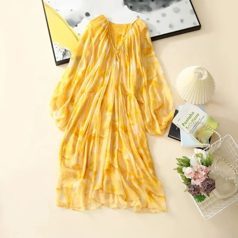 2024 Tcyeek Elegant Women's Dresses Summer French 100% Mulberry Silk Yellow Dress Woman Clothes Tie Dye Vestidos Para Mujer