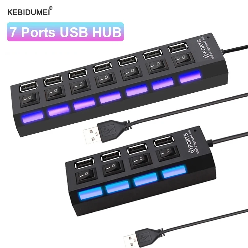 Concentrador de puertos USB 2,0 para el hogar, adaptador de corriente, expansor múltiple de 4/7 puertos con interruptor, Cable de 30CM