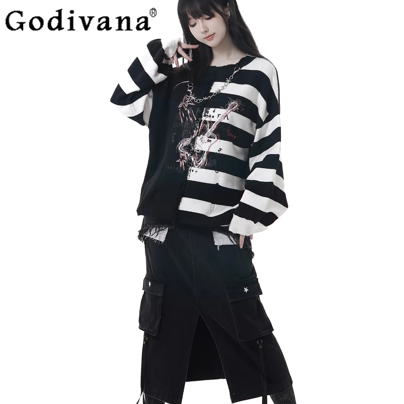 여성 일본 의상 스트라이프 비대칭 디자인 가을 겨울 스웨터 슬림 데님 스커트 세트 여성용 블랙 로리타 세트