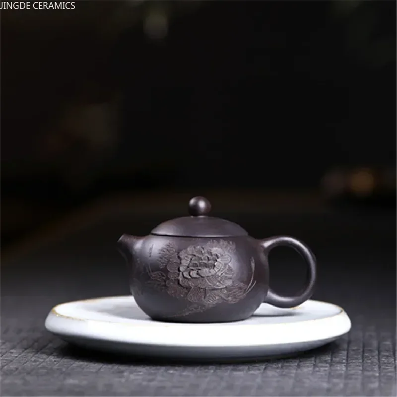 Yixing Tea Pots Purple Clay Teapot Handmade Sculpture Boutique Tea Set Raw Ore Black Mud Hand-carved Peony Beauty Kettle 150ml