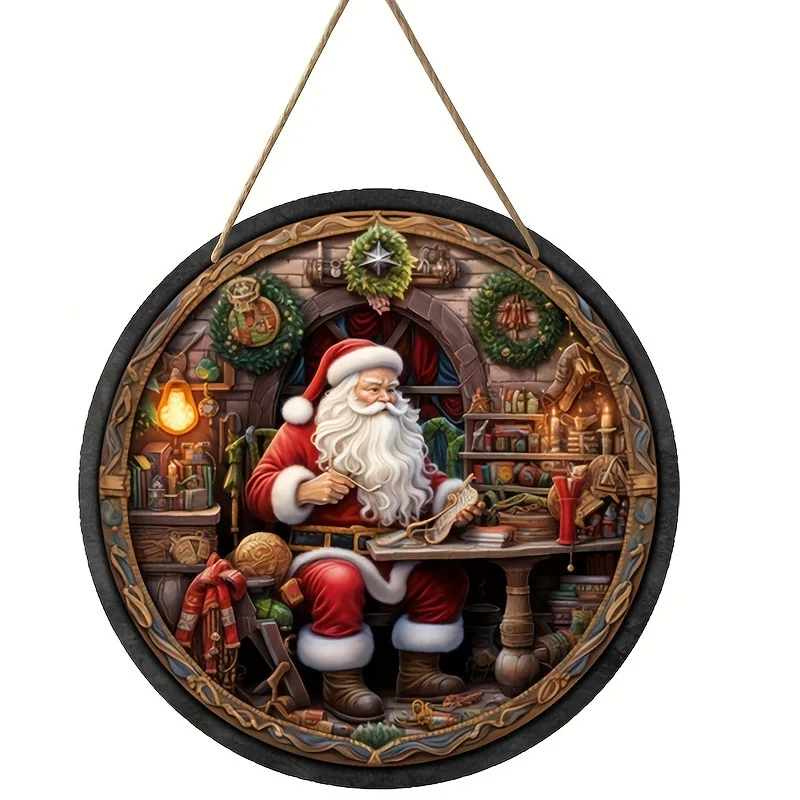 1pc Santa Claus Wood Sign Christmas Welcome Round Front Door Sign for Room Hanging Decor