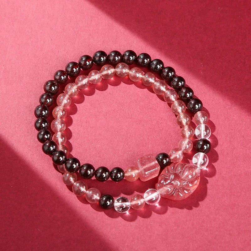 JD Natural Stone Garnet Strawberry Quartz Double Layer Lucky Bracelets Women Luxury Energy Stretch Bangles Girlfriend Wrist Gift