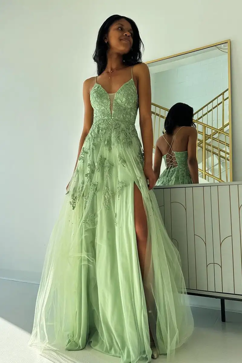 Sage Green V Neck Tulle A-Line Long Prom Dress with Appliques Lace-Up Back Party Evening Dress Formal Evening Dresses for Women