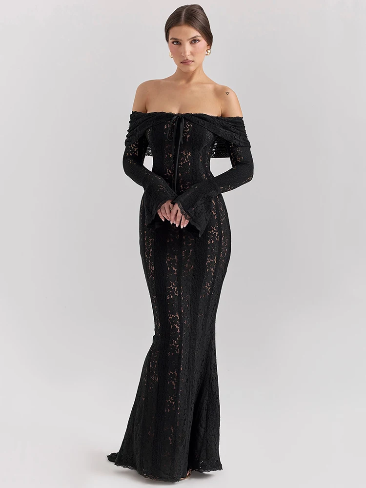 Mozision koronkowa, z odsłoniętymi ramionami seksowna sukienka Maxi damska bez ramiączek, bez pleców, z długim rękawem Bodycon wieczorowa impreza klubowa długa sukienka elegancka