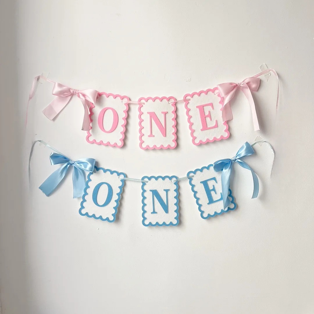 1PC Baby Shower Girl Pink Non Woven ONE highchair Banner First Boy Birthday Blue Flag Glitter White Party Hat