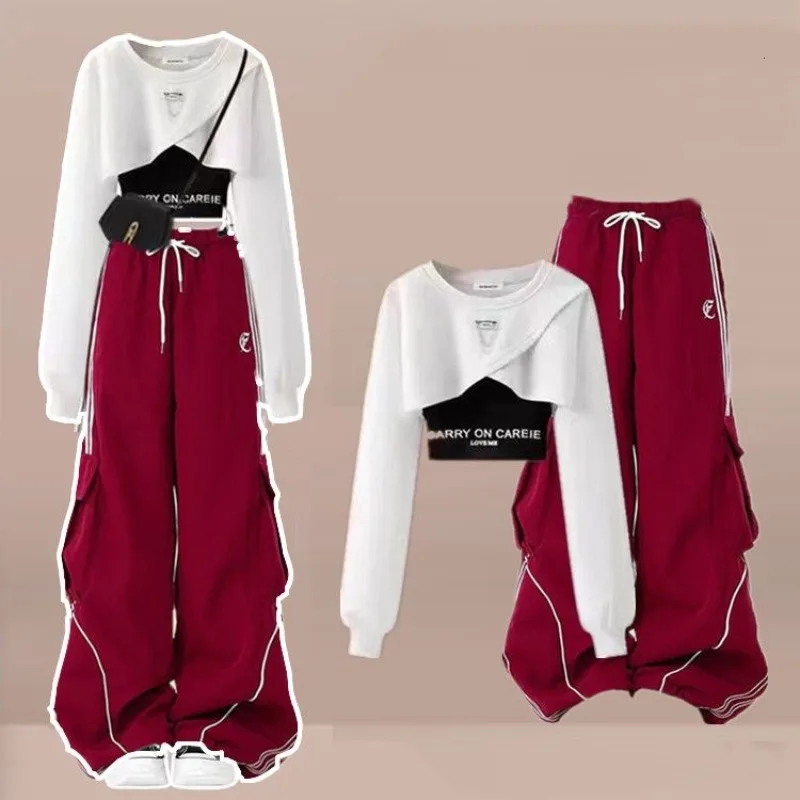 

Women's Spring Autumn Fashion Short Sweatshirts Letter Sling Cargo Pants 1 or Three Piece Set Lady Crop Tops Trousers Outfits