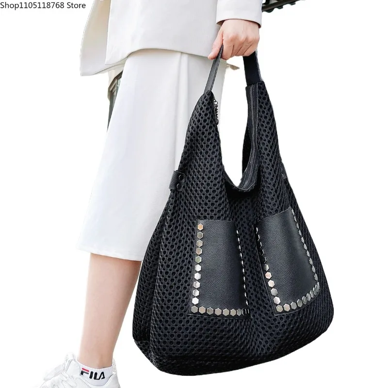 

Сумки на плечо из сетчатой ткани большой емкости, женские сумки в корейском стиле, черные ленивые сумки-бродяги, однотонные винтажные пакеты