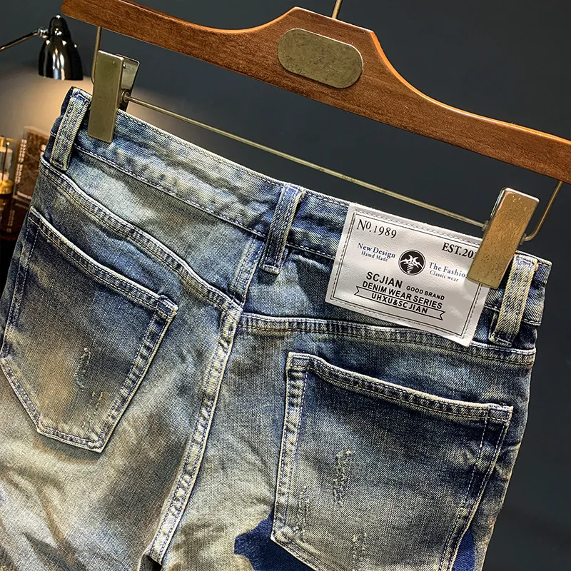 American casual denim shorts men's summer new embroidered five quarter trendy brand retro mid length pants