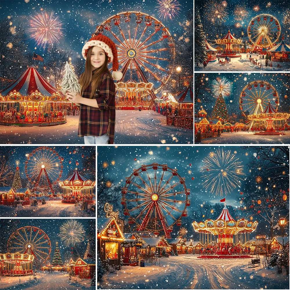 Winter Christmas Photography Background Circus Ferris Wheel Snow Fireworks Decoration Kids Portrait Photo Background Studio Prop