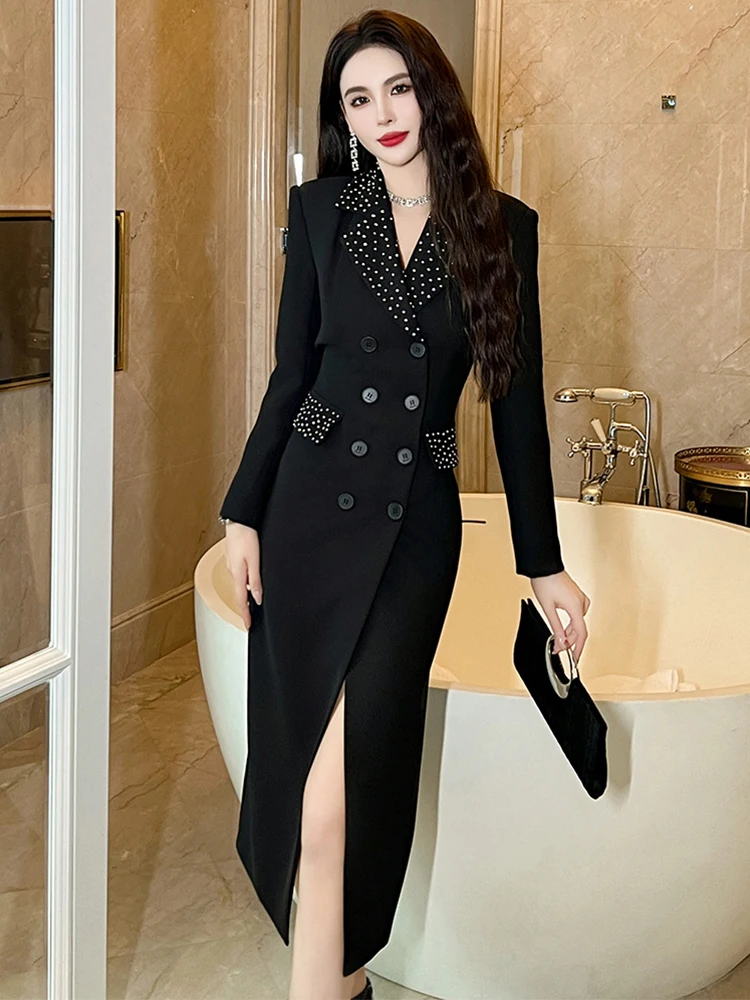 Work Style Formal Dresses Women Clothes Elegant Office Commute Chic Black Double Breasted Slim Blazer Dress Robe Mujer Vestidos