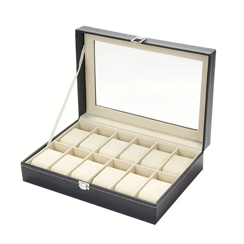 12‑Slot PU Leather Watch Box Lockable Glass Lid Jewelry Display Organizer Case For Men Watch Storage Gift Home Travel Use