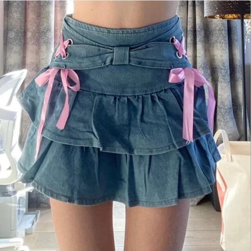 Pleated Skirts Women Summer Hot Solid Lace-up Anti-glare Mini Denim Slim All-match Casual Korean Style Girlish Lovely Y2K Chic