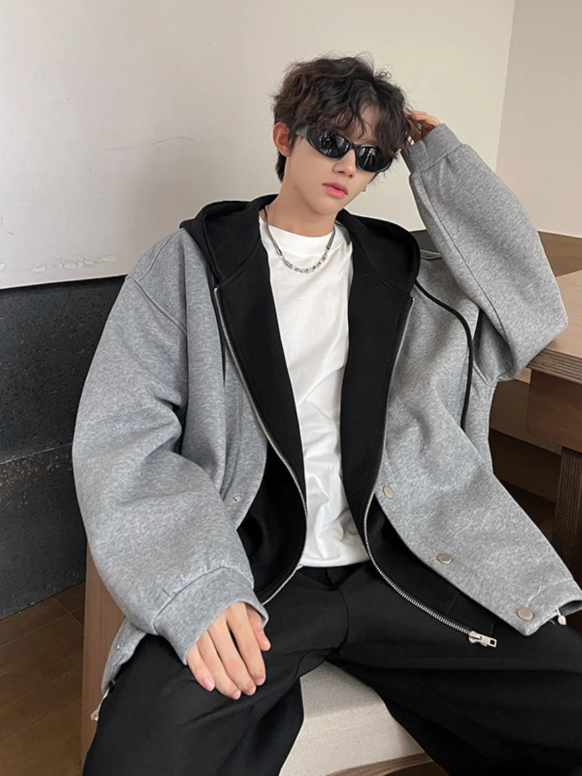 

ay Faux Two-Piece Hoodie Jaet Men's Sle Autumn Winter Cleanfit Baseball Jaet Premium Feeling Cool Haome Coat