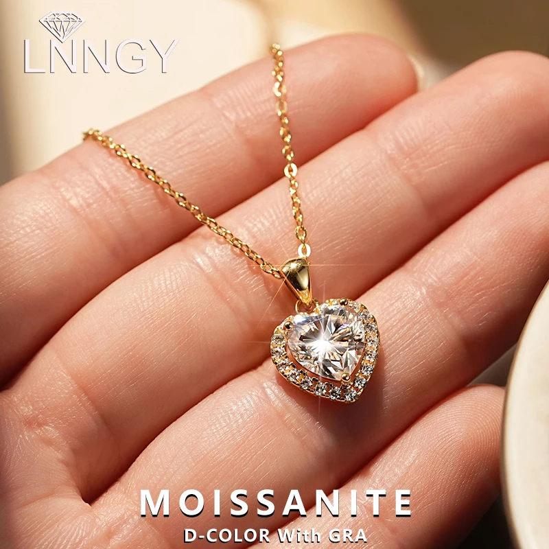 

Lnngy Genuine 925 Silver Moissanite Necklace With GRA 2CT Heart Shaped Pendant Necklaces for Women Engagement Bridal Fine Jewely