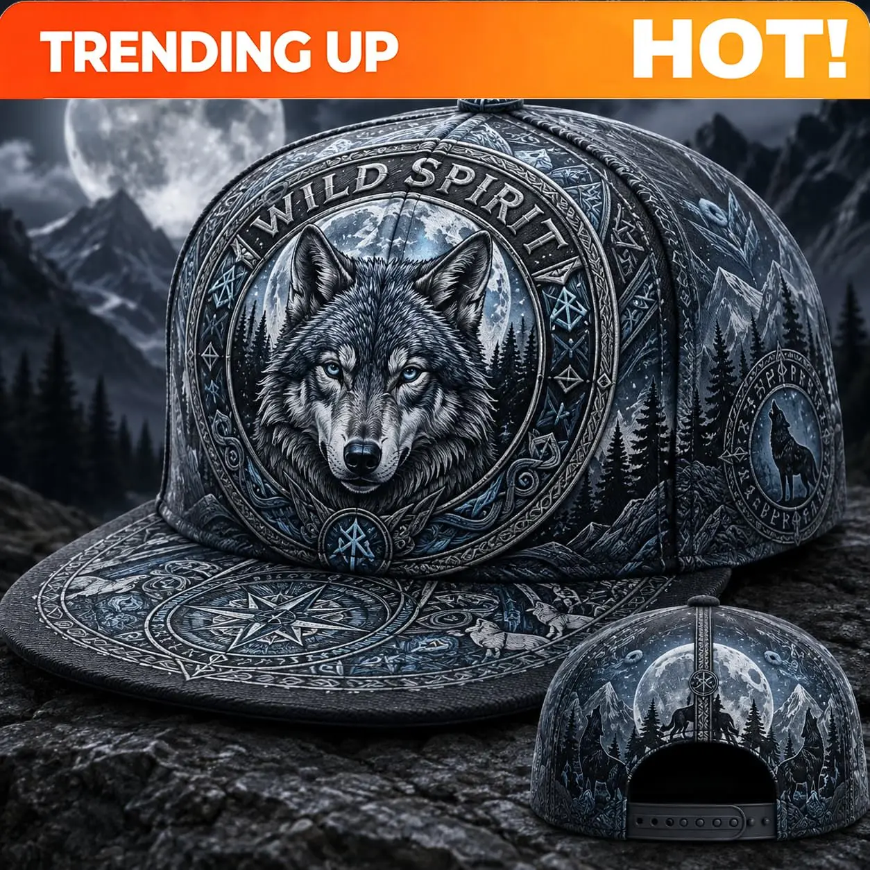 Customization Moonlit Wolf Portrait Adjustable Flat-Brim Baseball Cap - Unisex Retro Casual Hat; Easily Pairs With Festive Outfi