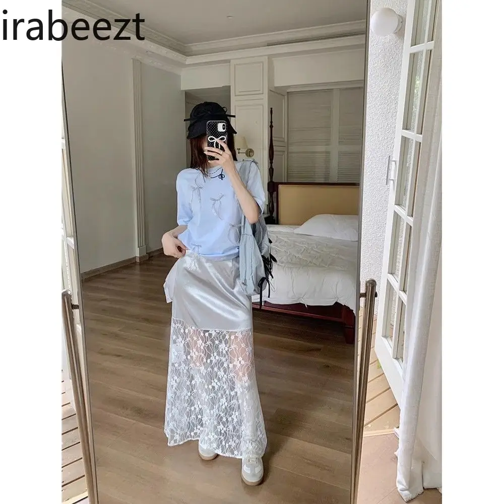 Stereoscopic Bow Short Sleeve T-shirt Design Lace Stitching A-line Skirt Women's New Summer Fashion Suit Conjunto Feminino