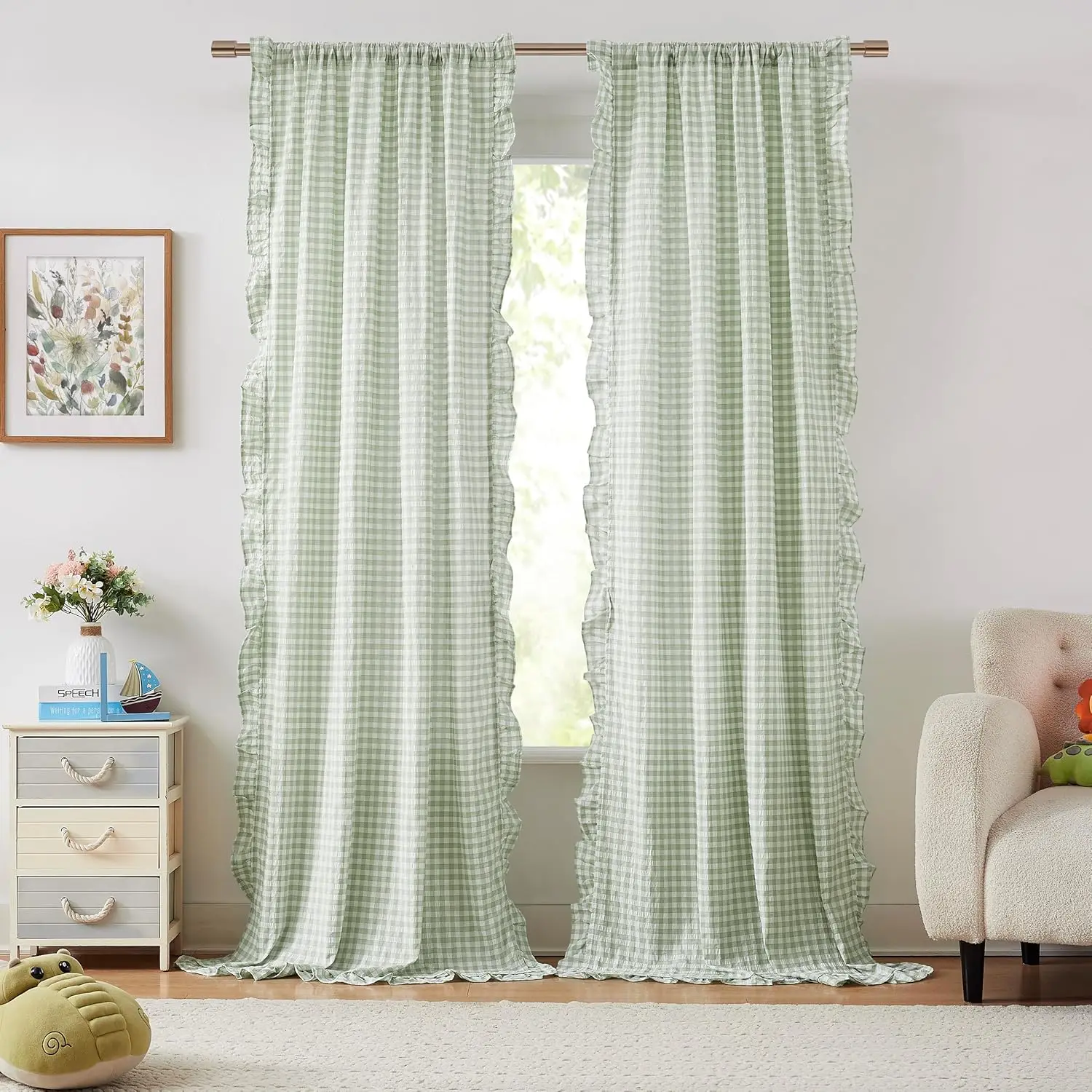 

Sage Green Buffalo Plaid Curtain Panels for Kidsroom, Not-See-Through Sheer Ruffle Drapes, Shabby Chic Window Treatment for