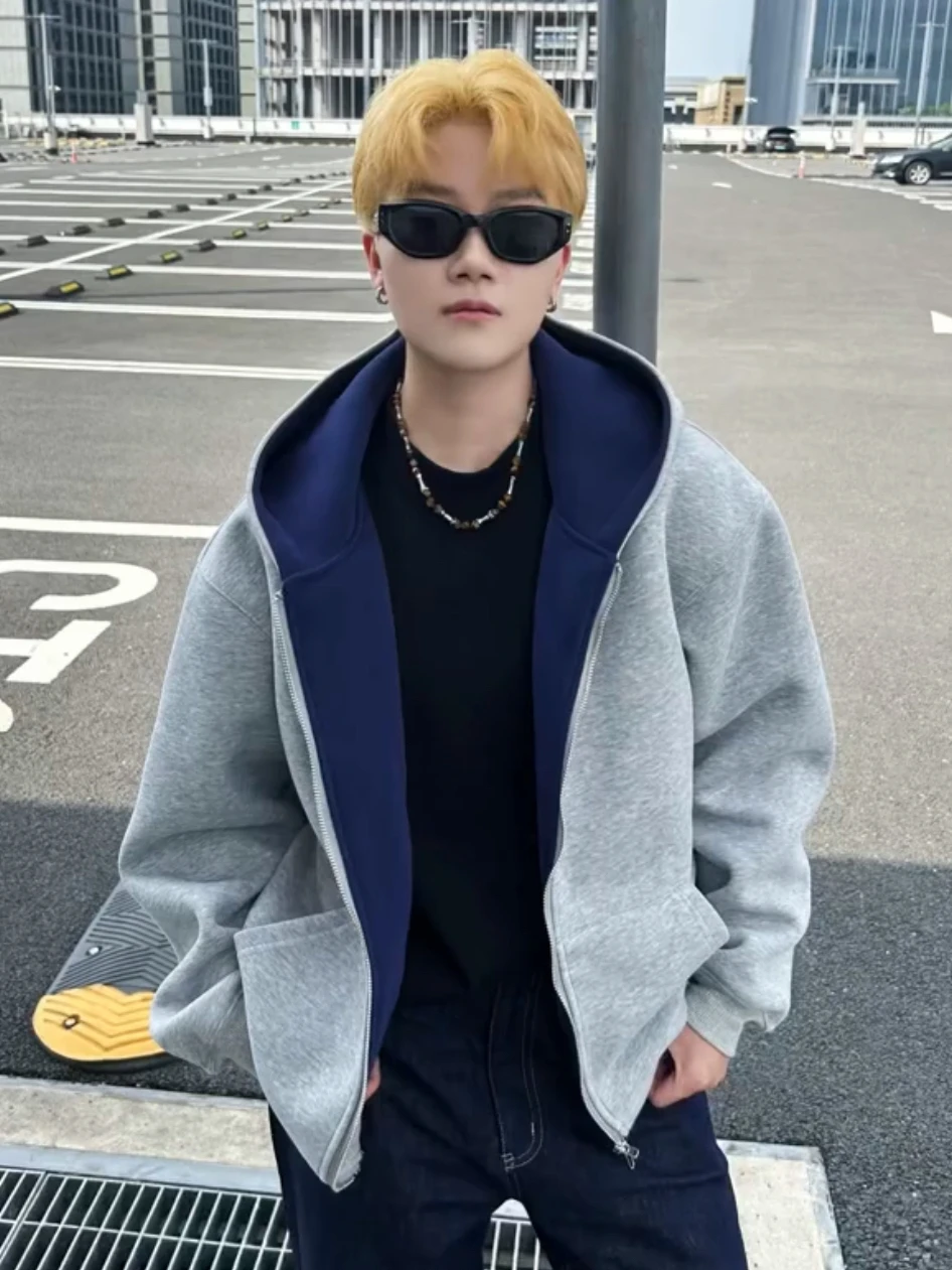 

Autumn New American Heavyweight Color Blo Hoodie Men's Faion Simple Color Loose Casual Top Cotton Polyester Blend