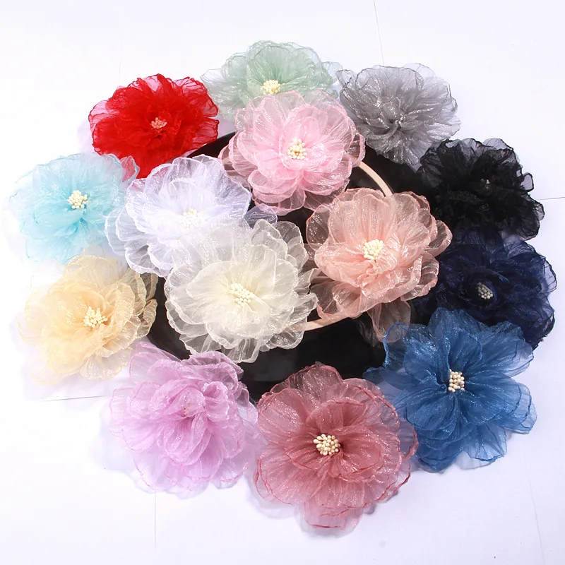 Wholesale 9cm Organza Mesh Flower Bud Girls DIY Headwear Multi-layer Flower Head DIY Kids Party Hair Clip Brooches Decoration