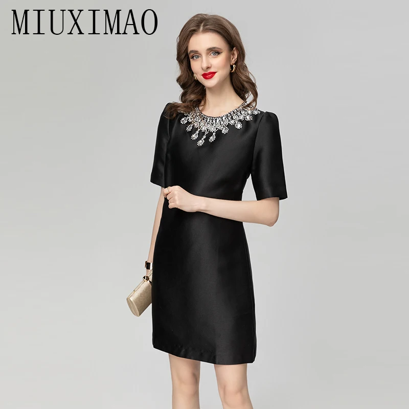 

MIUXIMAO 2024 Summer High Quality Women Dress Vintage Elegant Diamonds O-Neck Short Sleeve Solid Mini Dresses