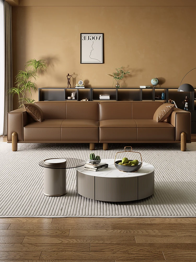 Italienisches, leichtes, luxuriöses, einfaches Tofu-Block-Sofa aus echtem Rindsleder, große schwarze Kuh, gerade Reihe, Wohnzimmergröße, Wohnung