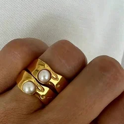 2024 New Vintage 18K Gold Plated Stainless Steel Freshwater Pearl Ring for Women Jewelry Party Gift