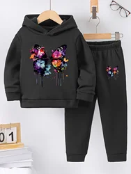 Fall/Winter new warm and comfortable girls butterfly print warm lined hoodie and sweatpants set