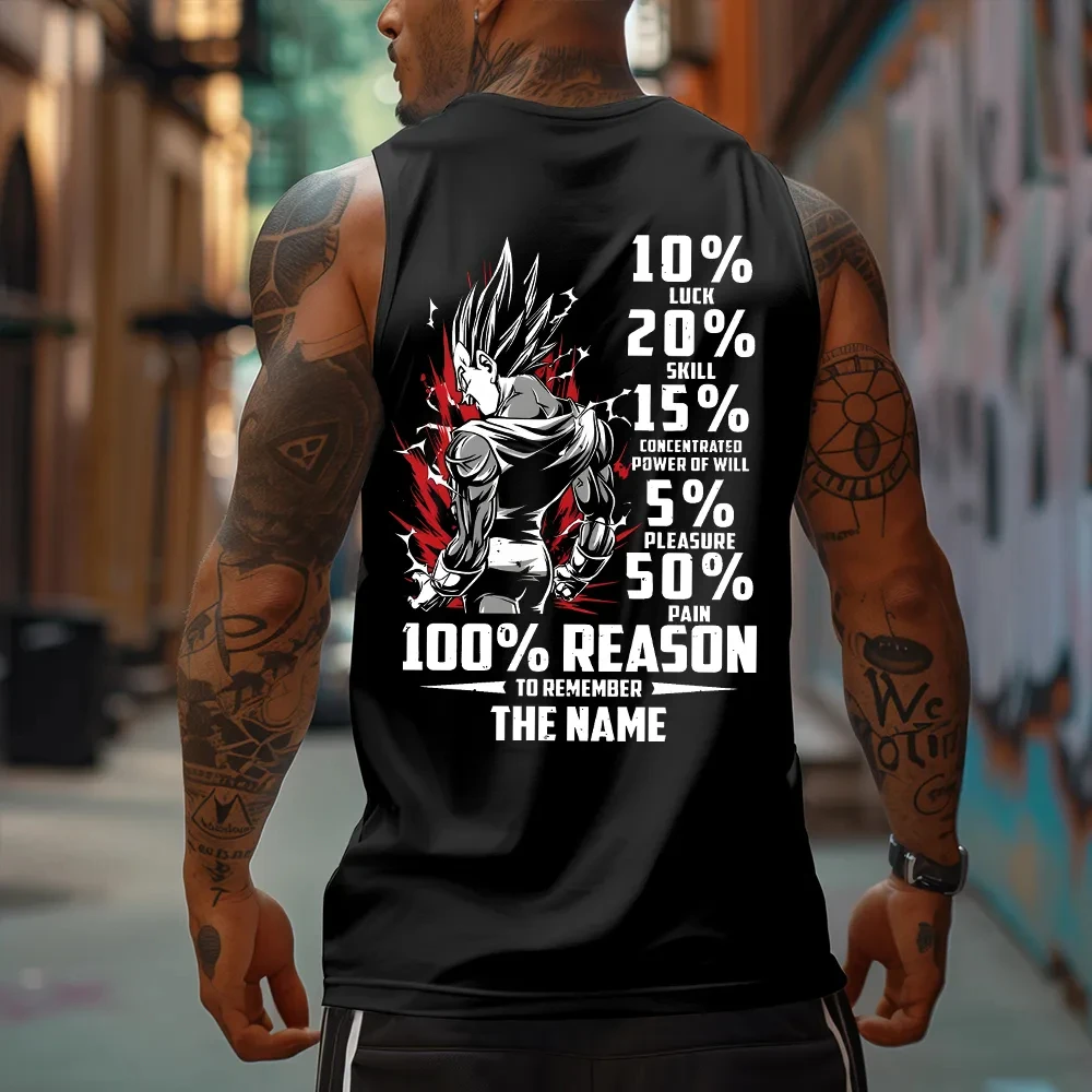 قميص رجالي أسود بدون أكمام مع كلمات تحفيزية طباعة خلفية 10 حظ 20 مهارة 15 قوة الإرادة 50 ألم 100 سبب قطن