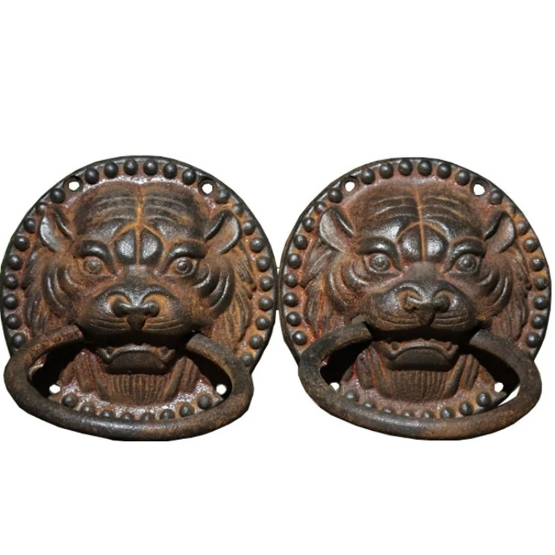 Old iron Chinese antique pure iron tiger head door ring retro architectural decoration Swiss beast iron handle door pull ring