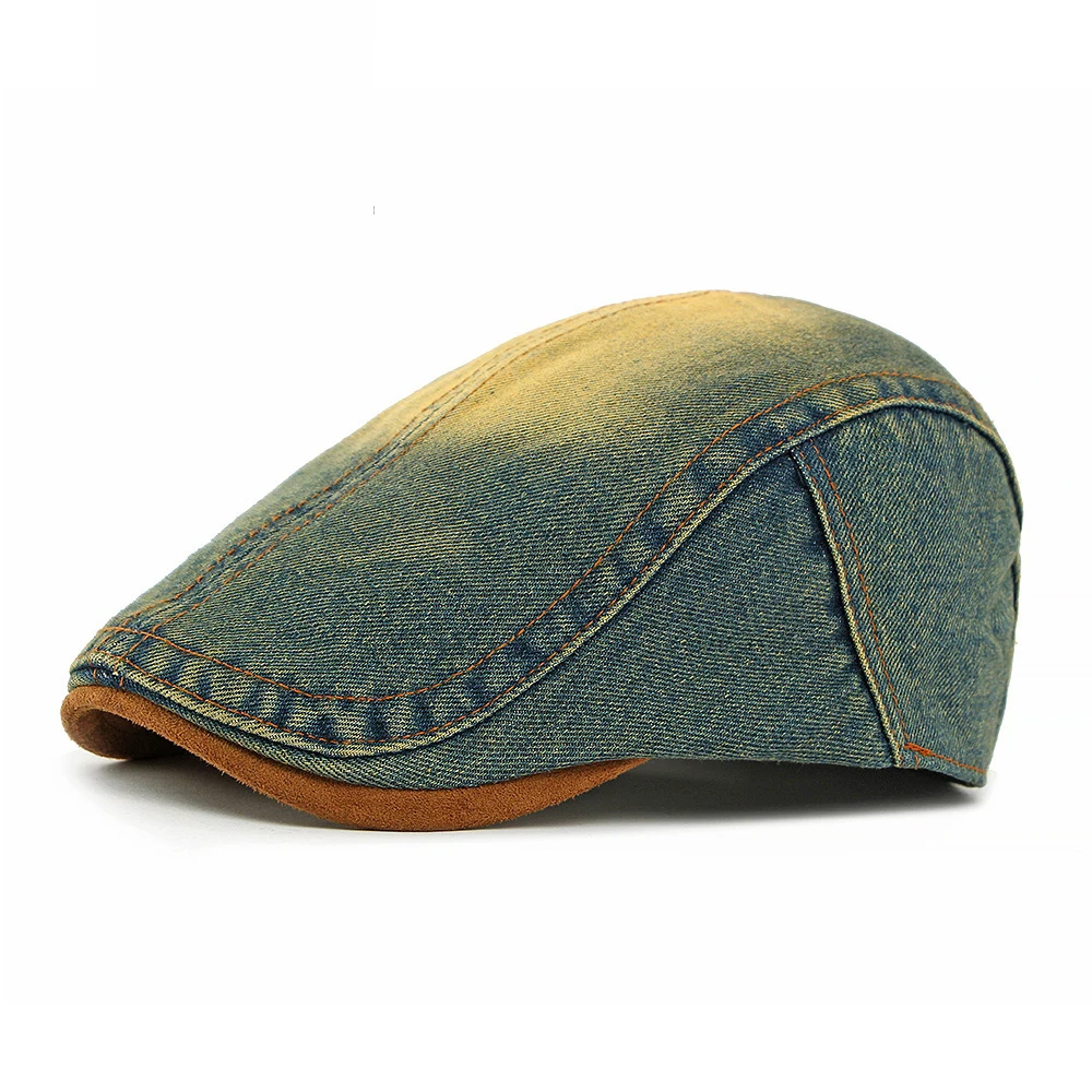 Gradually blended suede-edge denim forward cap with 2 color options and adjustable rear belt buckle - a retro trend style.