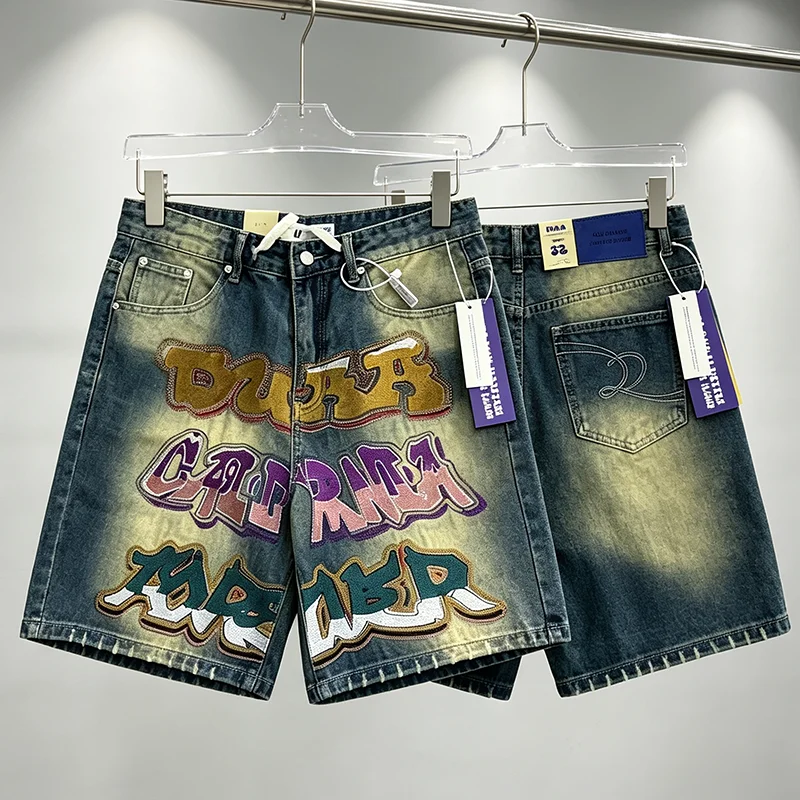 DUAA Men Denim Bermuda Shorts, Colorful Letter Embroidery Washed Gradient Loose Five Points Jean Shorts