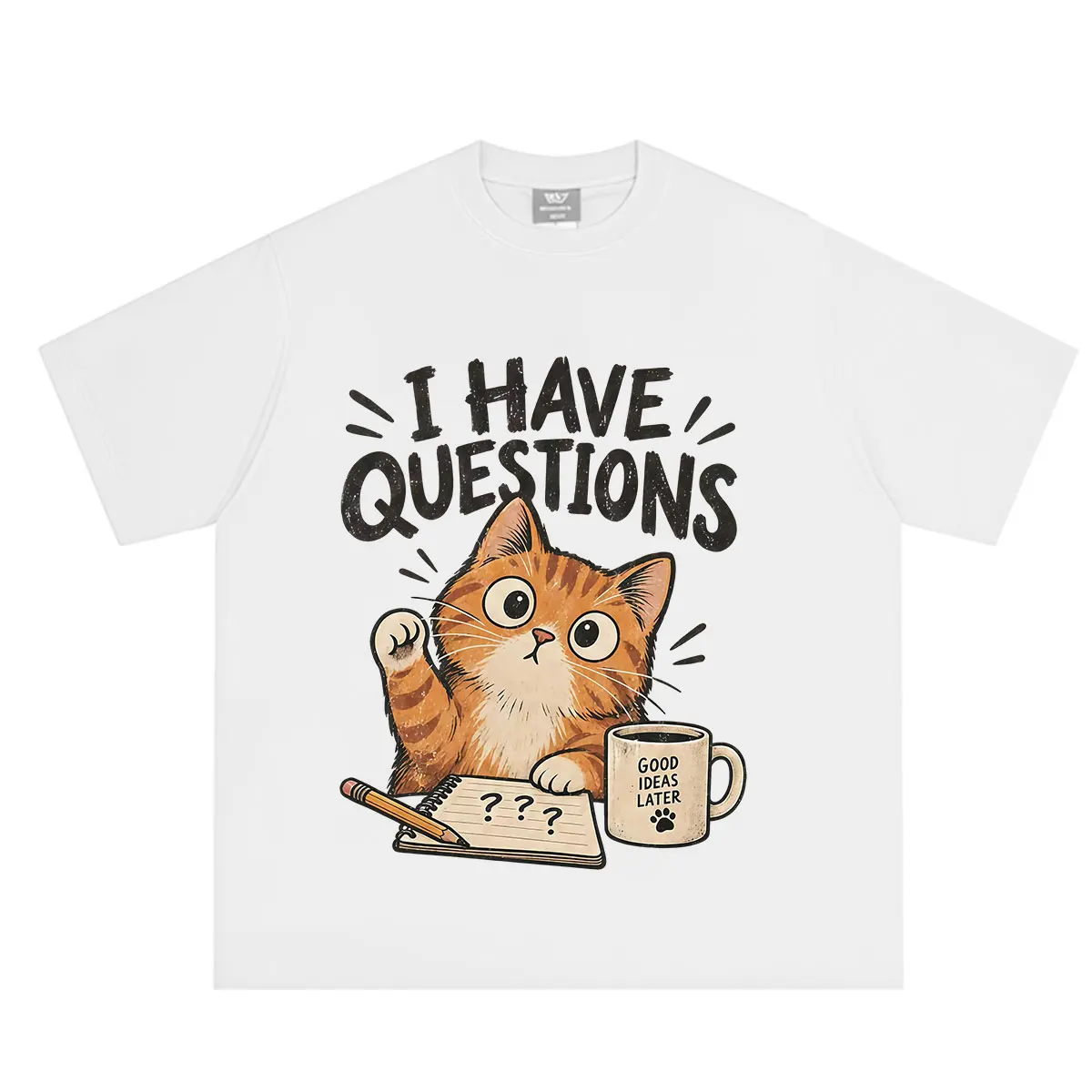 I Have Questions Funny Cat Office Work Meme T-shirt Men Women Fashion T-shirt Short-sleeved Loose Cotton Casual T-shirts Tops