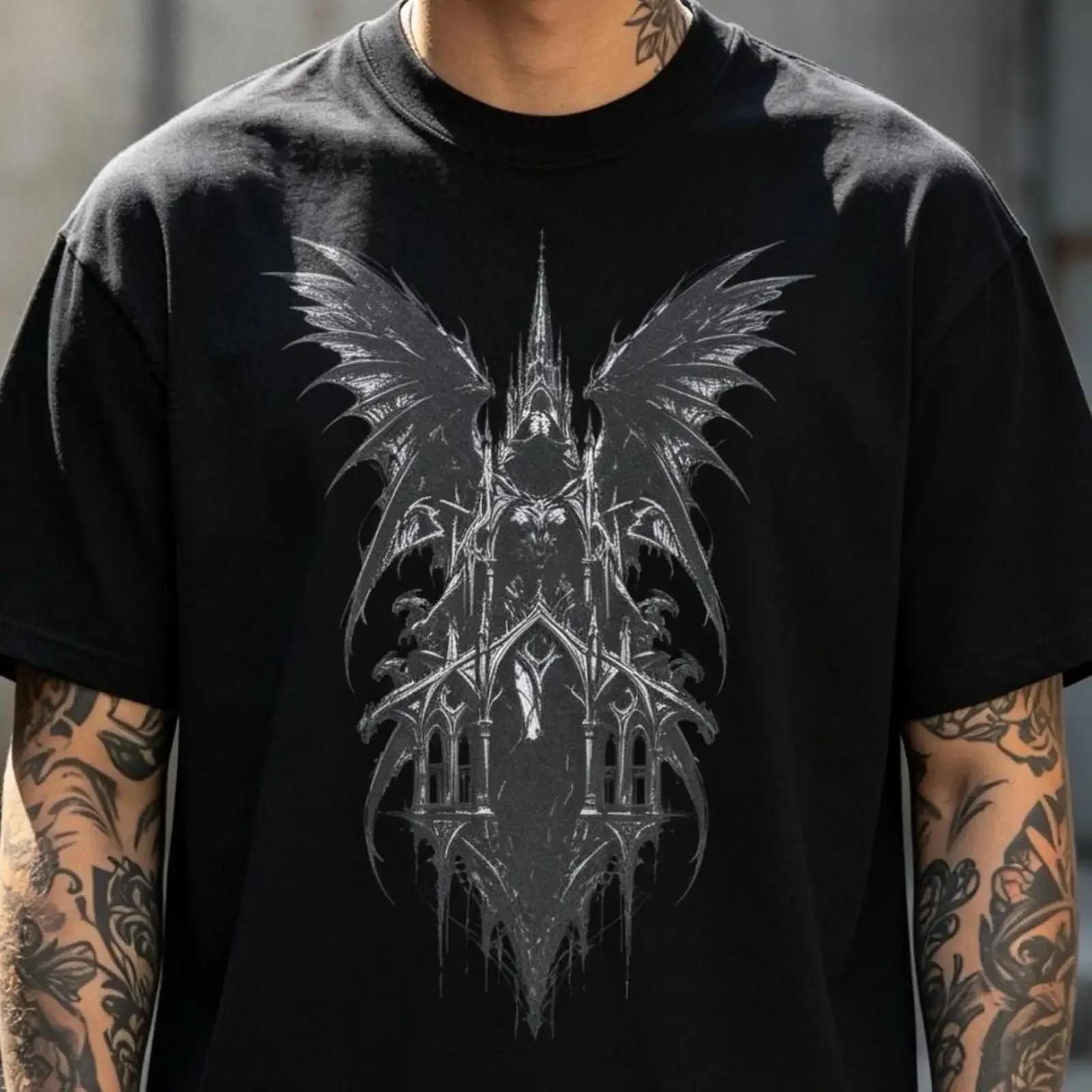Cathedral Dark Angel T Shirt Gothic Demonic Wings Esoteric Top vintage Washed designer clothes Versatile Top For Everyday Wear