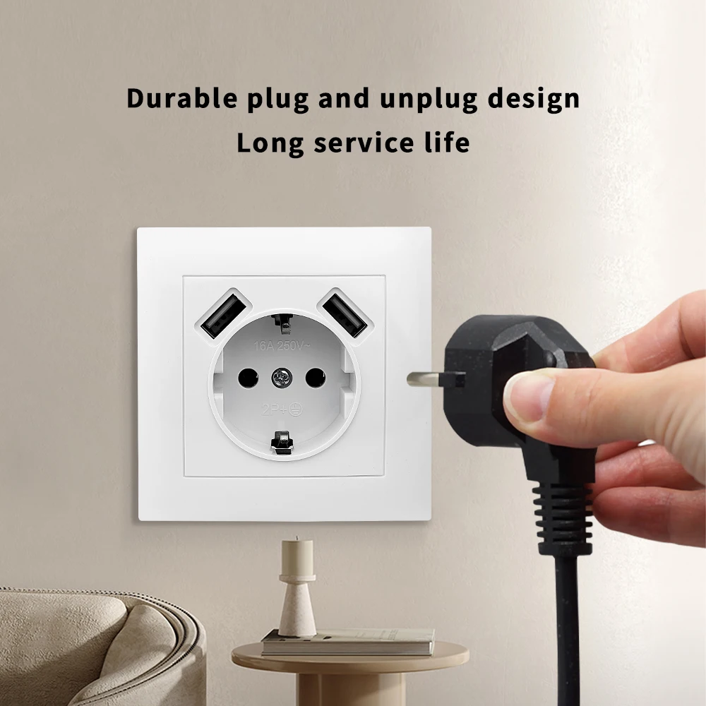 White Wall Socket Electrical Outlets Paint Plastic With Ground USB Power Sockets 250V Classic EU Standard Flame Retardant Socket