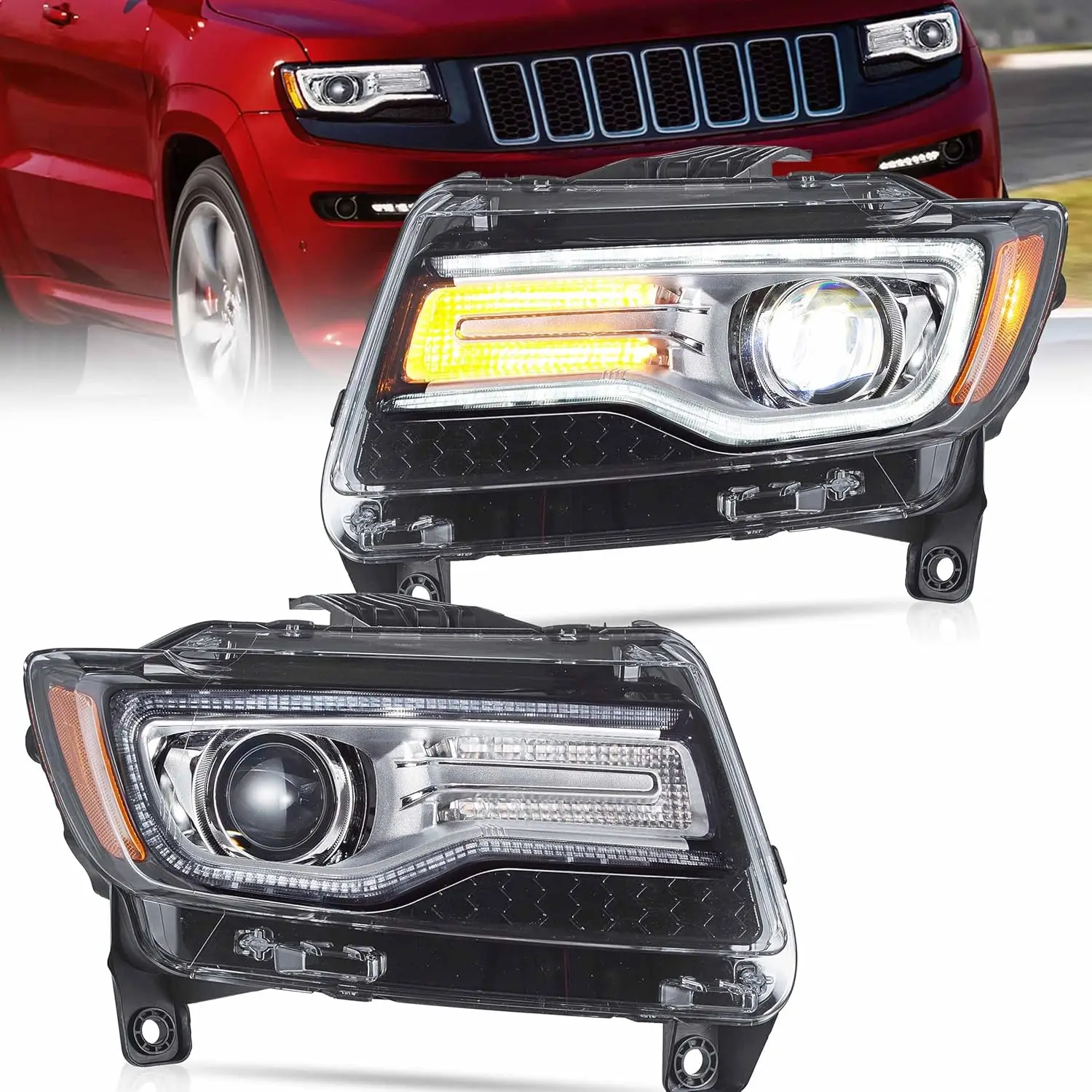 

Sulinso 2pcs LED Headlights Fit for 2011 2012 2013 Jeep Grand Cherokee WK2, Front Light with Blue Dynamic Startup DRL, Clear