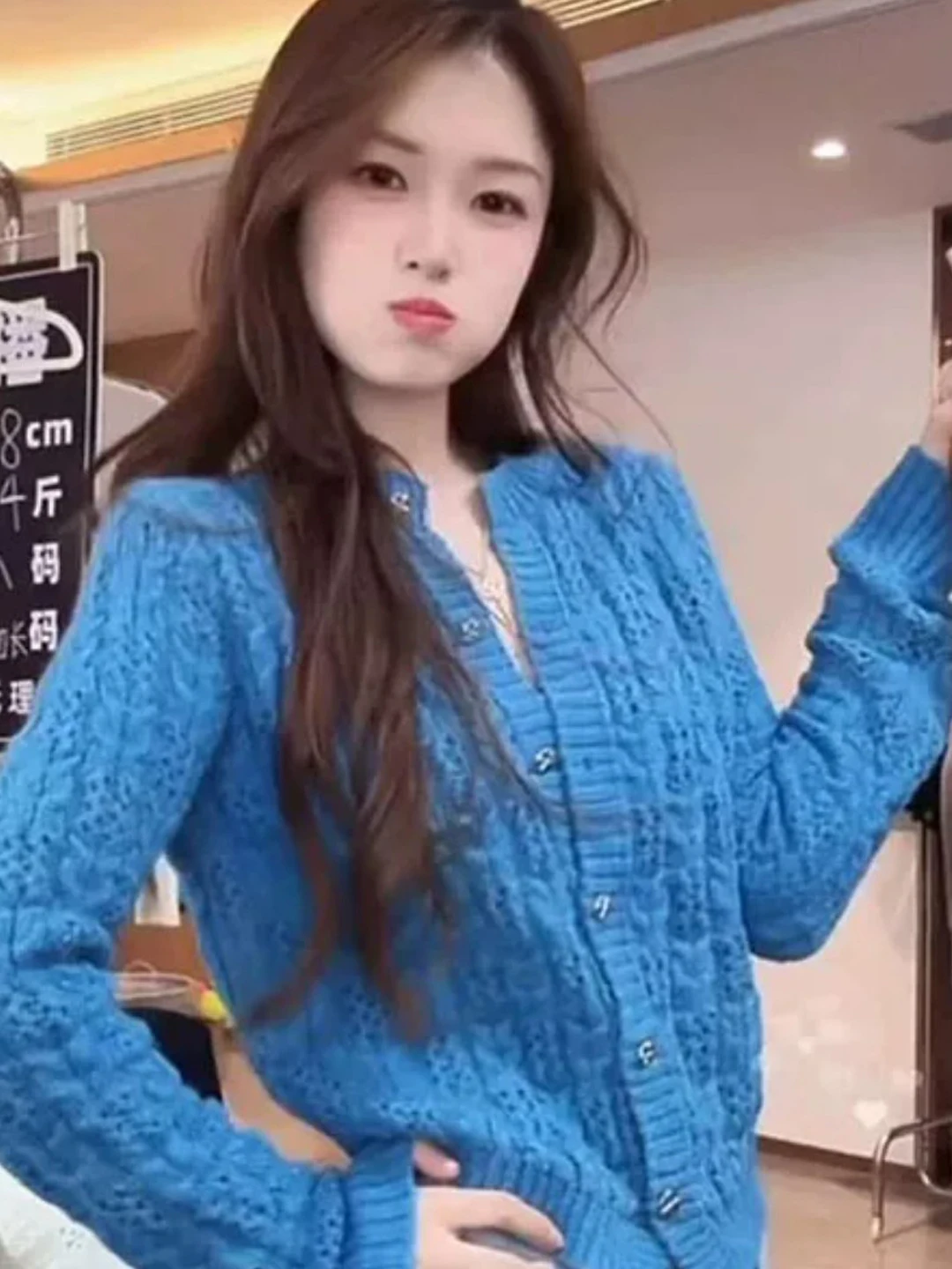 Autumn Klein Blue Loose Thin Knitted Sweater Hollow out Short Style Korean Fashion Casual Wind Button Cardigan for Women