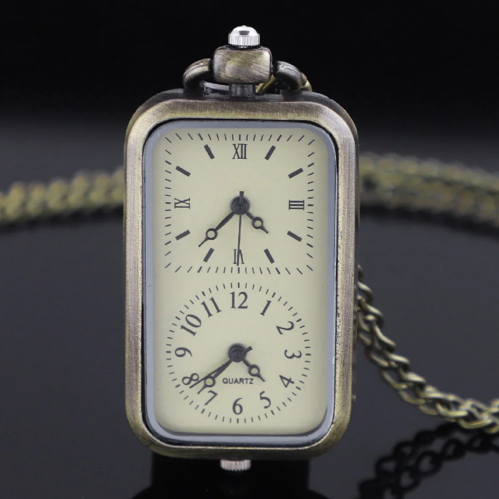 خمر مستطيل ثنائي اللغة تصميم ساعات الجيب خمر الأرقام الرومانية العربية الطلب قلادة الكوارتز فوب الساعات ساعة حائط هدية