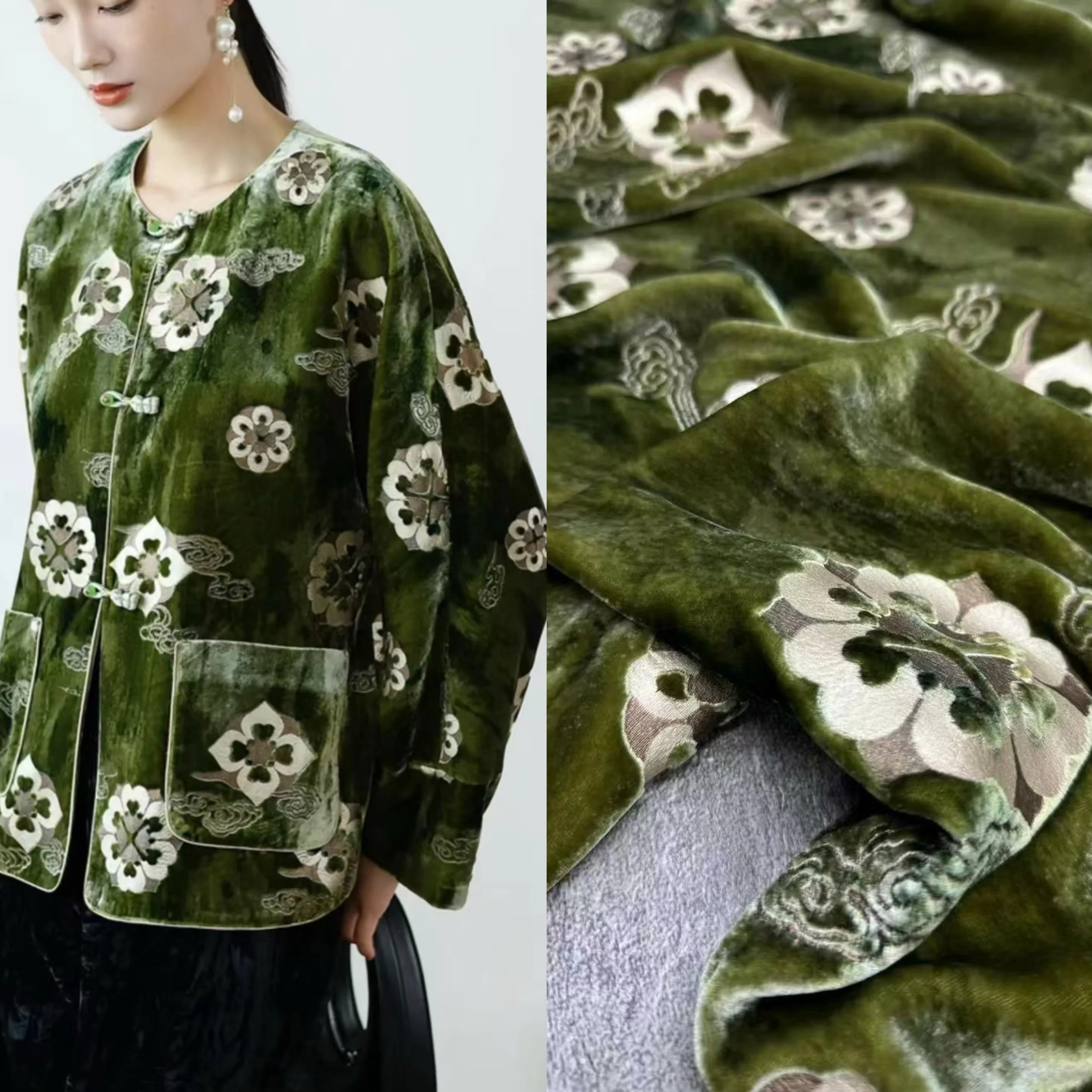 

[Dunhuang Baoxiang Flower] Бронзовая шелковая бархатная ткань с принтом тай-дай, новый осенне-зимний комплект китайской куртки, бархатная ткань