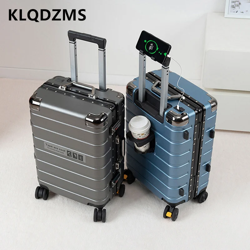 

KLQDZMS Aluminum Frame Suitcase Large Capacity Trolley Case ABS+PC Boarding Box 20"22"24"26"28 Inch USB Charging Suitcase