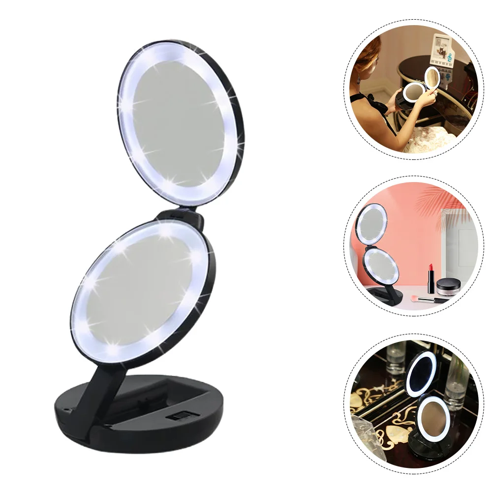 1Pcs Folding Makeup Mirror Black Compact Double-Sided LED Magnifying Pocket Travel Mini Foldable Mirror