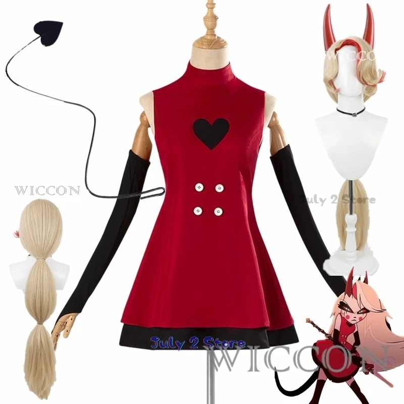 Anime Hazzbin für Spielfans Hotel Charlie Cosplay Halloween Kostüm Erwachsene Kinder Rotes Kleid Perücke Horn Schwanz Sexy Ärmelloser Rock