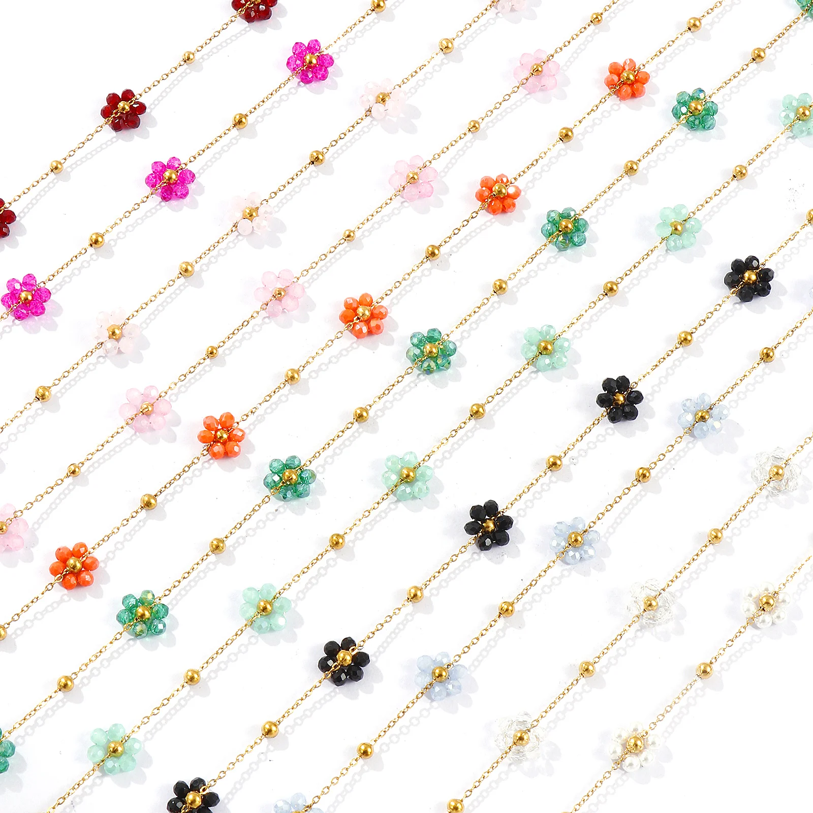 1 Piece 18K Gold Plated Link Cable Chain Flower Beaded Necklace 304 Stainless Steel & Glass 40cm(15.7
