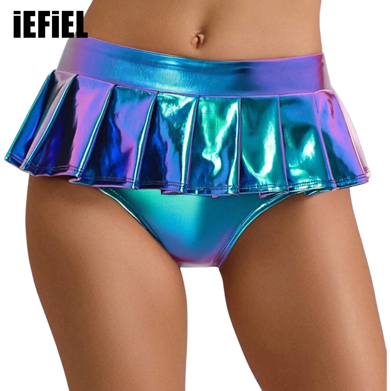 

Womens Metallic Shiny Mini Skirt Pleated Skirted Underwear Culottes Micro Mini Skirt for Rave Party Night Club