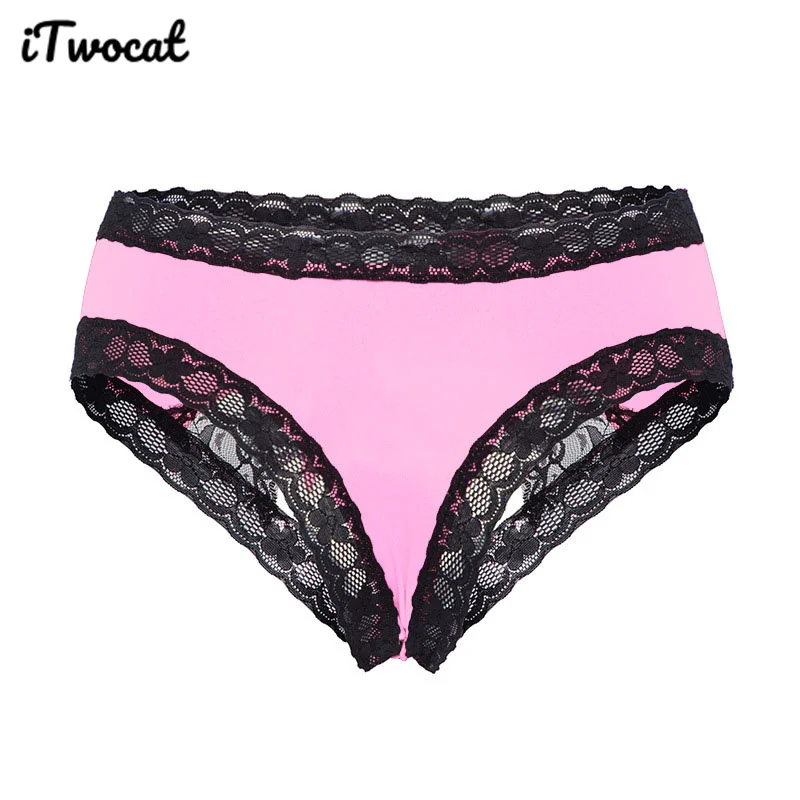 iTwocat Women Sexy Clothing Open Crotch Lace Bowknot Underwear Sexy Lingerie For Women Black Thong See-through Exotic Panties