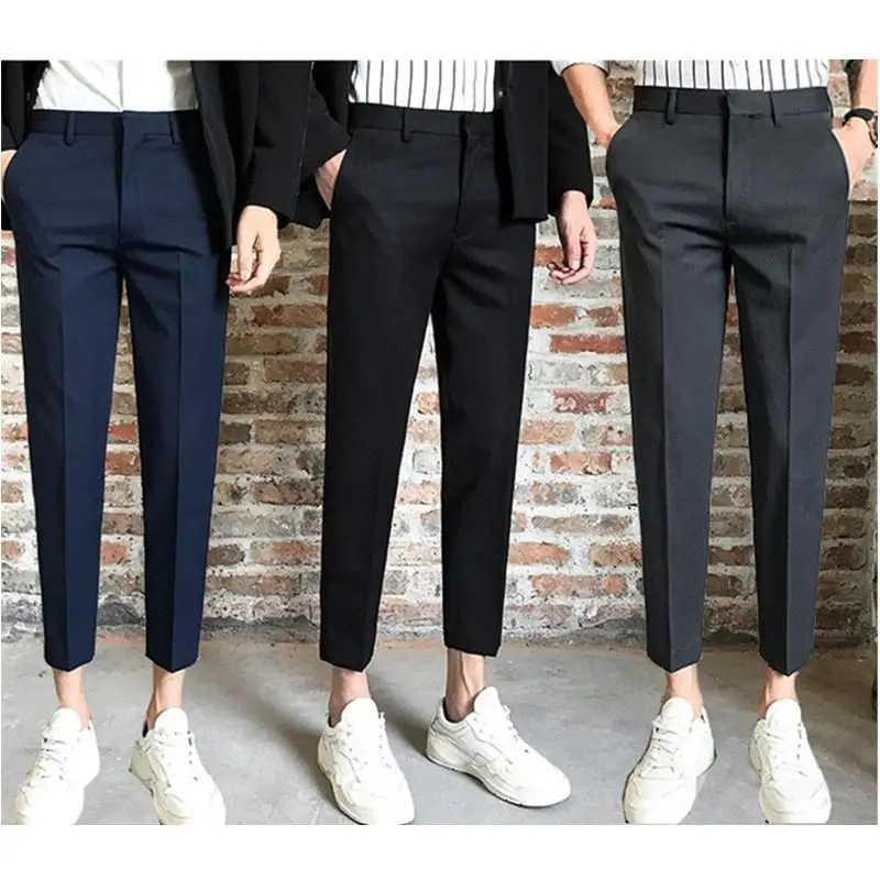 Size 28-40 Men Ankle Length Pants Spring Summer Autumn  Casual Slim   Long Business Suit Chinos Slacks Black Grey Blue